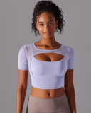 Running Training Hollow Out Patchwork Fixed Pad Short Sleeve Crop Top T-shirt S-XL