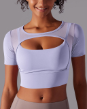 Running Training Hollow Out Patchwork Fixed Pad Short Sleeve Crop Top T-shirt S-XL