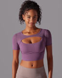 Running Training Hollow Out Patchwork Fixed Pad Short Sleeve Crop Top T-shirt S-XL