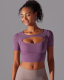 Running Training Hollow Out Patchwork Fixed Pad Short Sleeve Crop Top T-shirt S-XL