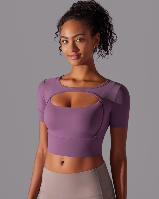 Running Training Hollow Out Patchwork Fixed Pad Short Sleeve Crop Top T-shirt S-XL