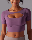 Running Training Hollow Out Patchwork Fixed Pad Short Sleeve Crop Top T-shirt S-XL
