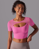 Running Training Hollow Out Patchwork Fixed Pad Short Sleeve Crop Top T-shirt S-XL