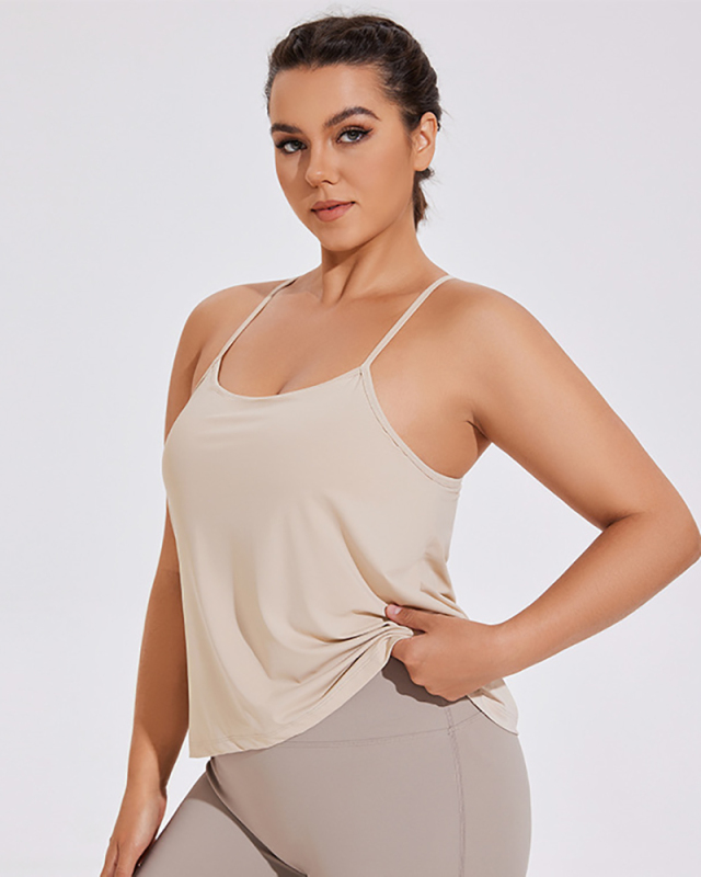 Sling Criss Cross Back Sleeveless Inside Removeable Pad Plus Size Sports Fitness Vest Brown Apricot Black XL-4XL