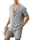 Lapel Short Sleeve Summer Flax Casual T-shirt Shorts Set M-3XL