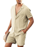 Lapel Short Sleeve Summer Flax Casual T-shirt Shorts Set M-3XL