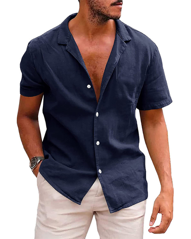 Summer Lapel Solid Color Short Sleeve Button Men's T-shirt S-2XL