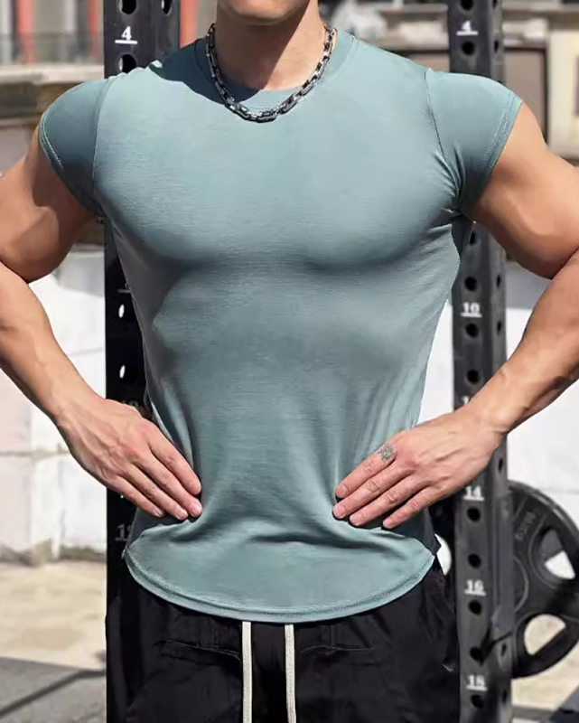 Sports Tight Slim Short Sleeve Running Training T-shirt Green White Beige Black M-3XL
