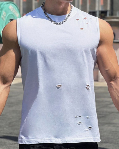 Sleeveless Men's Hole Sports Casual Summer Vest White Gray Black M-3XL