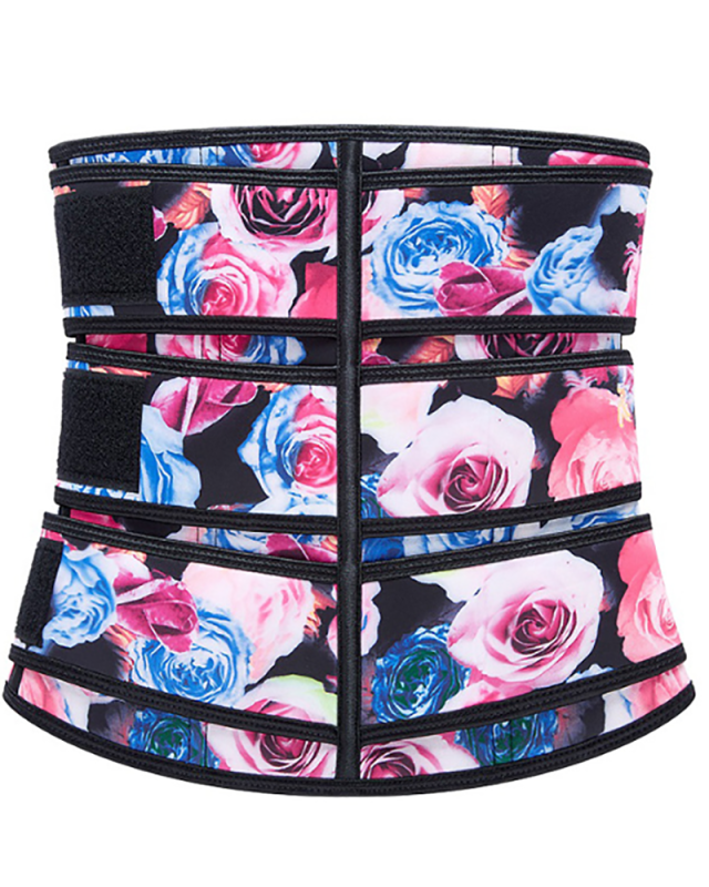 Rose Print Latex Waist Cincher Double Belts Highest Compression