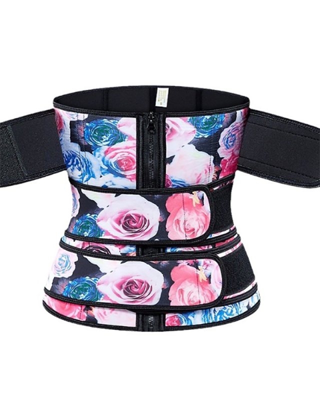 Rose Print Latex Waist Cincher Double Belts Highest Compression