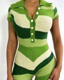 Lapel Neck Color Block Multicolor Rompers