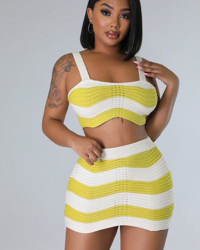 Knitted Yellow Women High Waist Two Piece Skirt Set S-XL