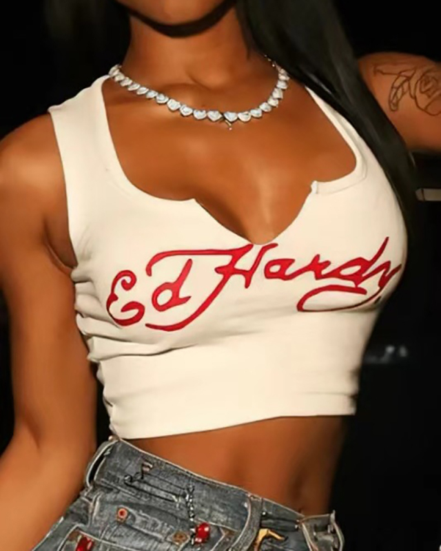 Fashion Women V Neck Letter Printed Vest White XS-XL