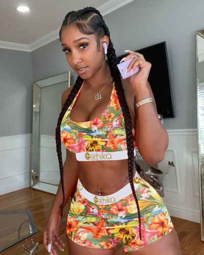 Women Printed High Waist Sexy Casual Two Pieces Outfit Short Sets XS-XL