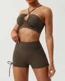 Women Quick Dry Halter Neck Criss Cross Drawstring Shorts Sets Yoga Two Pieces Sets S-XL
