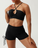Women Quick Dry Halter Neck Criss Cross Drawstring Shorts Sets Yoga Two Pieces Sets S-XL