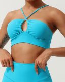 Women Halter Neck Ruched Hole Yoga Fitness Cross Back Sports Bra S-XL