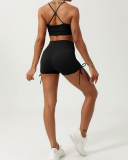 Women Quick Dry Halter Neck Criss Cross Drawstring Shorts Sets Yoga Two Pieces Sets S-XL