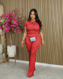 Short Sleeve Women Solid Color Fashion Two Piece Pant Set S-XXL