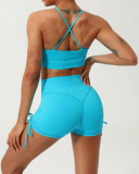 Women Quick Dry Halter Neck Criss Cross Drawstring Shorts Sets Yoga Two Pieces Sets S-XL