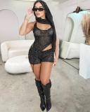 3pcs Set Women Shinning Summer Two Piece Short Set S-XXL