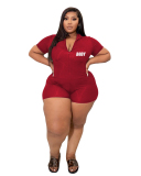 Plus Size Zipper Casual Rompers Woman Solid Color L-4XL