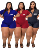 Plus Size Zipper Casual Rompers Woman Solid Color L-4XL