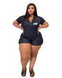 Plus Size Zipper Casual Rompers Woman Solid Color L-4XL