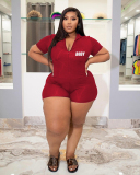 Plus Size Zipper Casual Rompers Woman Solid Color L-4XL