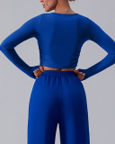 Woman Long Sleeve Solid Color Crew Neck Running Breathable T-shirt Blue Gray White S-XL