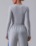 Woman Long Sleeve Solid Color Crew Neck Running Breathable T-shirt Blue Gray White S-XL