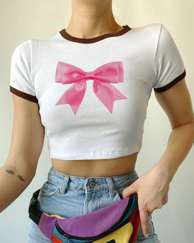 Street style INS Internet celebrity trendy bow short slim-fitting short-sleeved T-shirt spring and summer