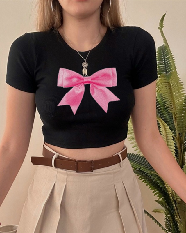 Street style INS Internet celebrity trendy bow short slim-fitting short-sleeved T-shirt spring and summer