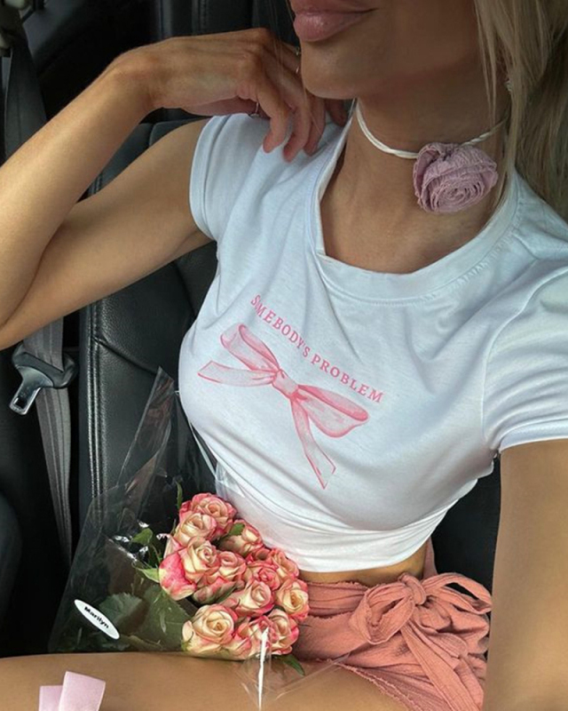 Street style INS trendy bow print short slim-fitting short-sleeved T-shirt spring and summer