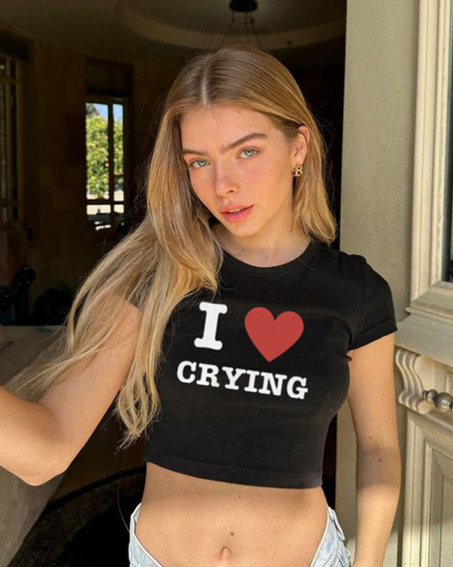 Street style INS trendy I Love CRYING short slim short-sleeved T-shirt summer