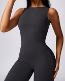 Women Hips Lift Wide Leg Fitness Back Yoga Jumpsuit Black Gray Purple Brown S-XL