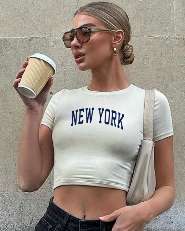 Street style INS internet celebrity trendy NEW YORK navel-baring short-sleeved T-shirt spring and summer
