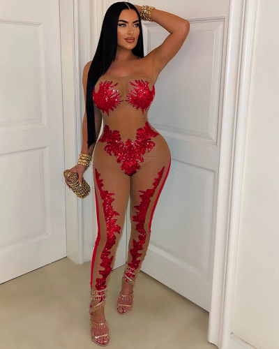 Sequin Mesh Women Party Strapless Jumpsuit S-XXL