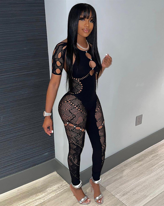 Short Sleeve Women Fishnet Sexy Jumpsuit One Size