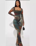 Square Neck Women Long Sleeve Printed Jumpsuit S-2XL