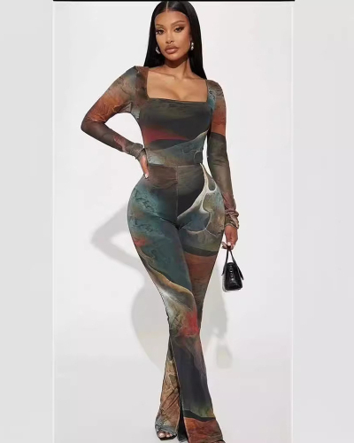 Square Neck Women Long Sleeve Printed Jumpsuit S-2XL