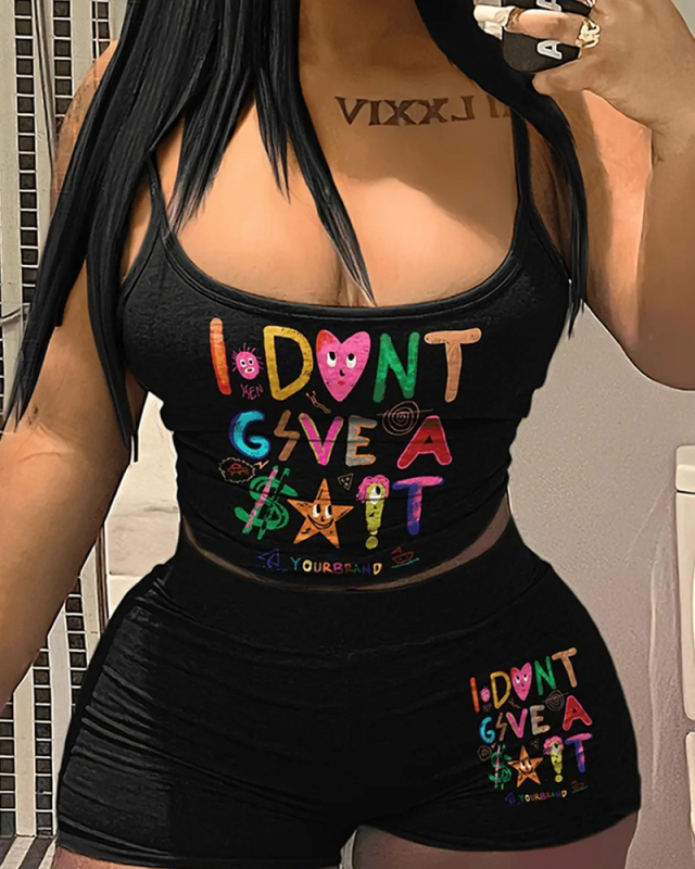Cute Black Letter Printed Two Piece Short Set XS-3XL