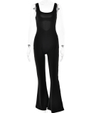 Hot Sale Solid Color U Neck Backless Women Wide Leg Jumpsuits Brown Gray Navy Blue Black S-L