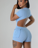 Short Sleeve Women Open Back Jumpsuit S-XXL