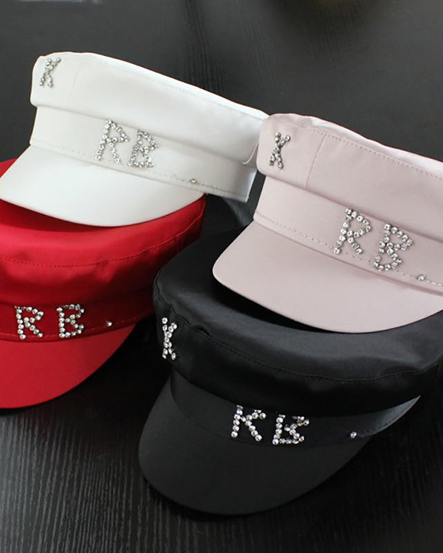 Women Rhinestone Fashion Satin Navy Hat