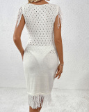 Fashionable Knitted Long Skirt Tassel Solid Color Dress Sweater