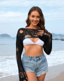 Beach Cover-Up Solid Color Ultra Short Bell Sleeve Women'S Sweater