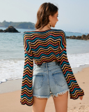 Patchwork Round Neck Striped Bikini Beach Cover-Up