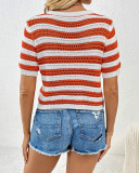 Round Neck Pullover Striped Fashionable Short-Sleeved Patchwork Women'S Sweater